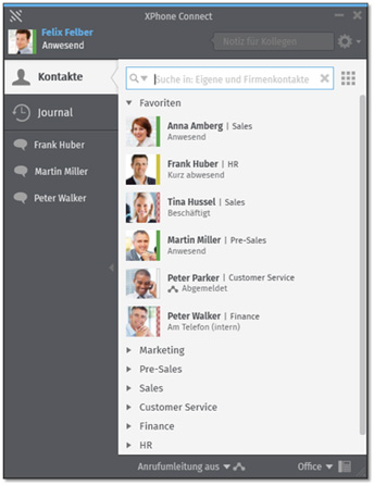 Interface XPhone Connect — panneau contacts et présence avec statut des collaborateurs