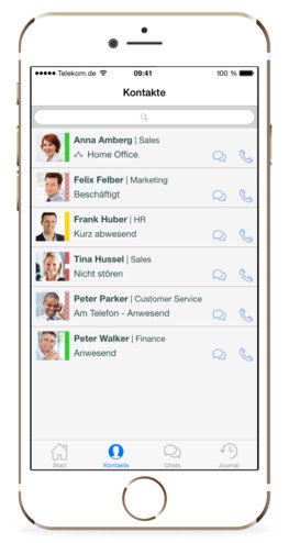 Application XPhone Connect iOS — liste de contacts avec statut de présence